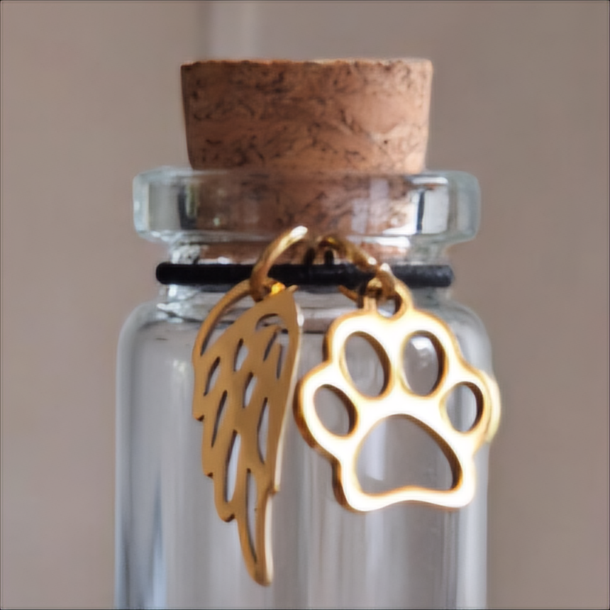 memorial flesje voor kat of hond, gedenkflacon, herinnering aan kat of hond, bewaren plukjes vacht van kat of hond