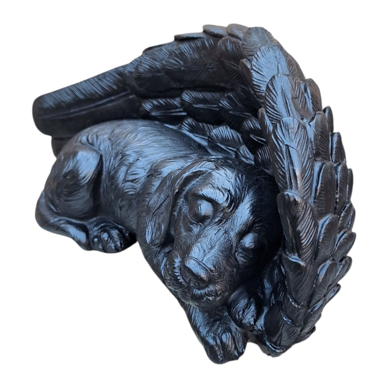 Zwarte Honden Urn – Slapende Hond met Engelenvleugel - Gedenk Urn voor Hond Asbewaring - Urn Hond - Honden urn - Afmetingen: 17 x 34 x 16,5 cm