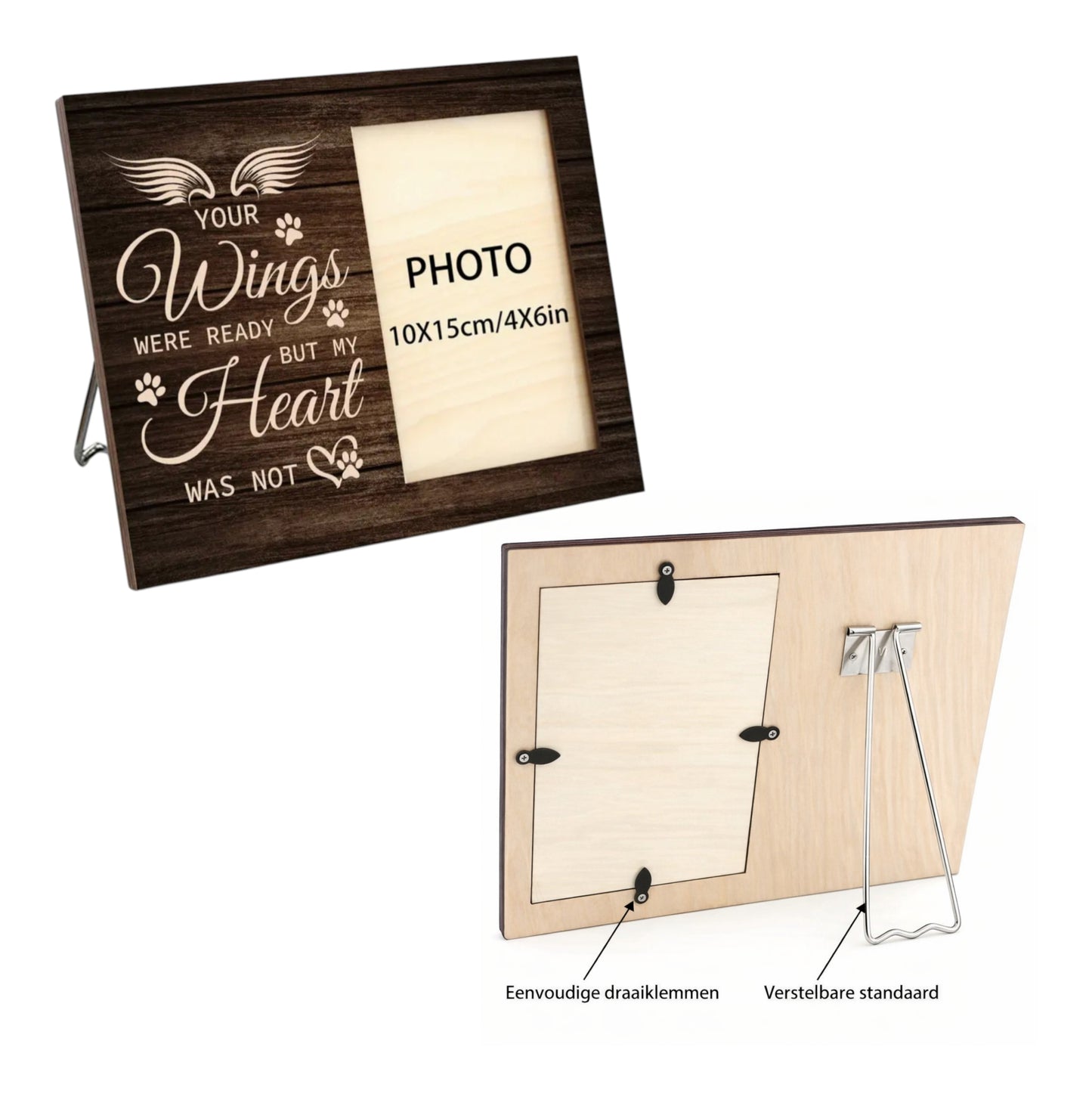 Herdenkingsfotolijst met tekst “Your wings were ready but my heart was not”. Voor een foto van je overleden huisdier – liefdevol en troostend aandenken.