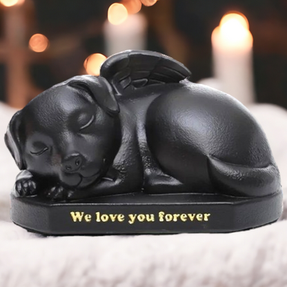 Urn in de vorm van een hond met de tekst we love you forever