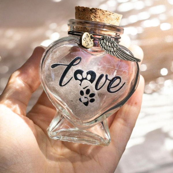memorial flesje voor hond, gedenkflacon, herinnering hond, aandenken voor hond, bewaren plukjes vacht of wat as, gedenkflesje voor hond