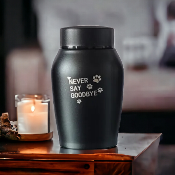 Zwarte urn voor huis dieren met tekst never say goodbye