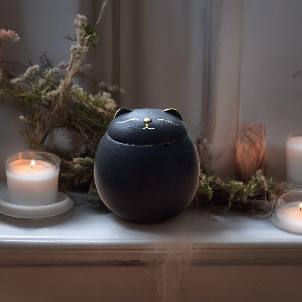 schattige mini-urn in de vorm van een katje - Inhoud: 125 ML -
Afmeting: 7.5 x H 8 cm -
Materiaal: Keramiek