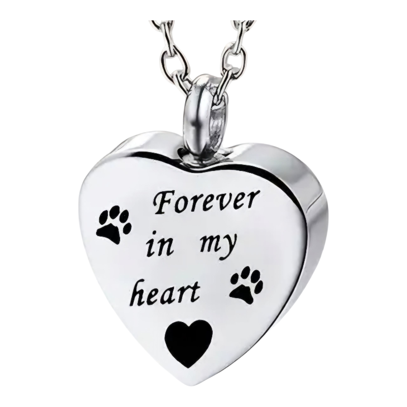 Zilverkleurige as hanger in de vorm van een hartje, met pootafdrukjes en de tekst: "Forever in my heart"
