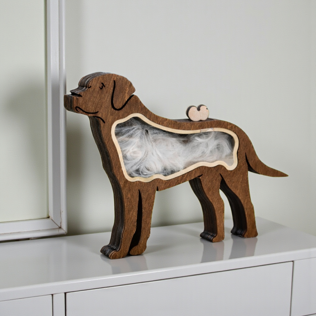 houten hond ontworpen om plukjes haar van je hond te bewaren