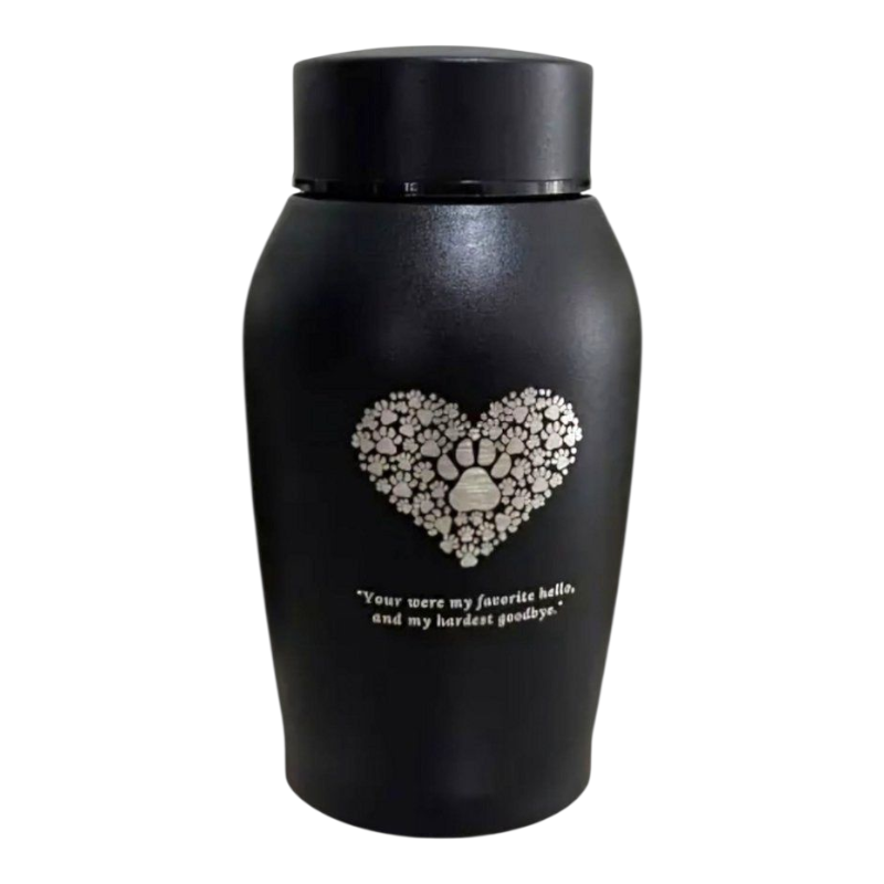 Zwarte RVS Urn met Pootafdrukjes – Favorite Hello Hardest Goodbye
