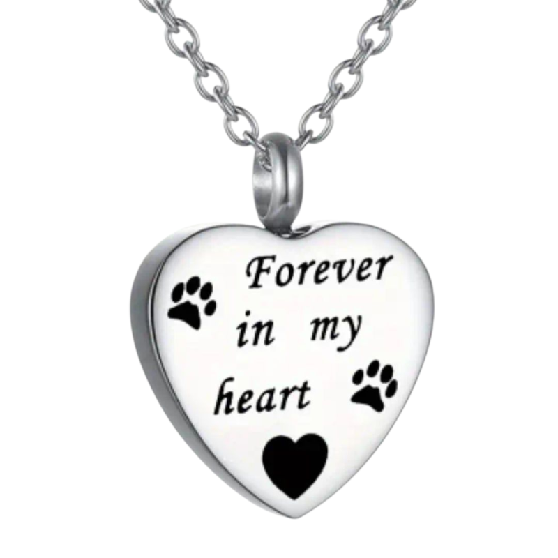 Zilverkleurige as hanger in de vorm van een hartje, met pootafdrukjes en de tekst: "Forever in my heart"
