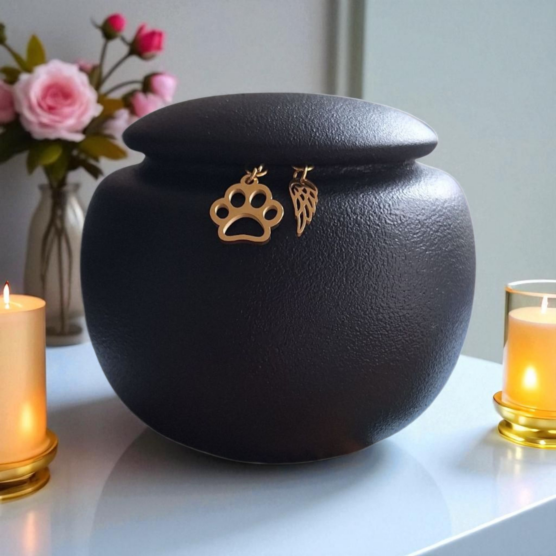 stijlvolle matzwarte urn met 2 gouden hangertjes
