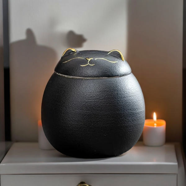 schattige mini-urn in de vorm van een katje - Inhoud: 125 ML -
Afmeting: 7.5 x H 8 cm -
Materiaal: Keramiek