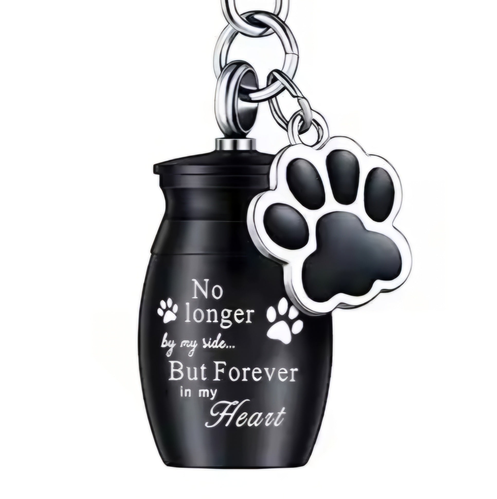 sleutelhanger met mini urn met tekst "No longer by my side, but forever in my heart"