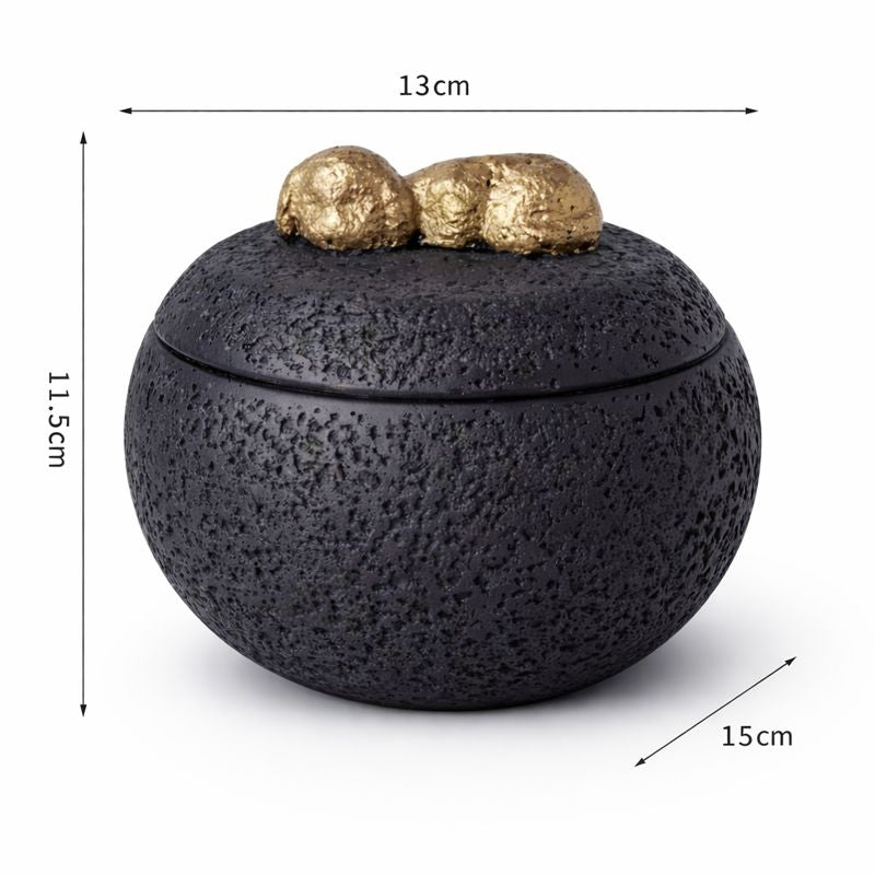 Keramische urn voor as van een hond, zwart met gouden hondje, 11,5 cm hoog