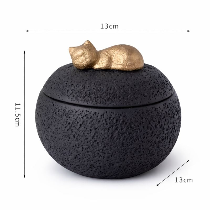 Keramische urn voor as van een kat, zwart met gouden kat, 11,5 cm hoog
