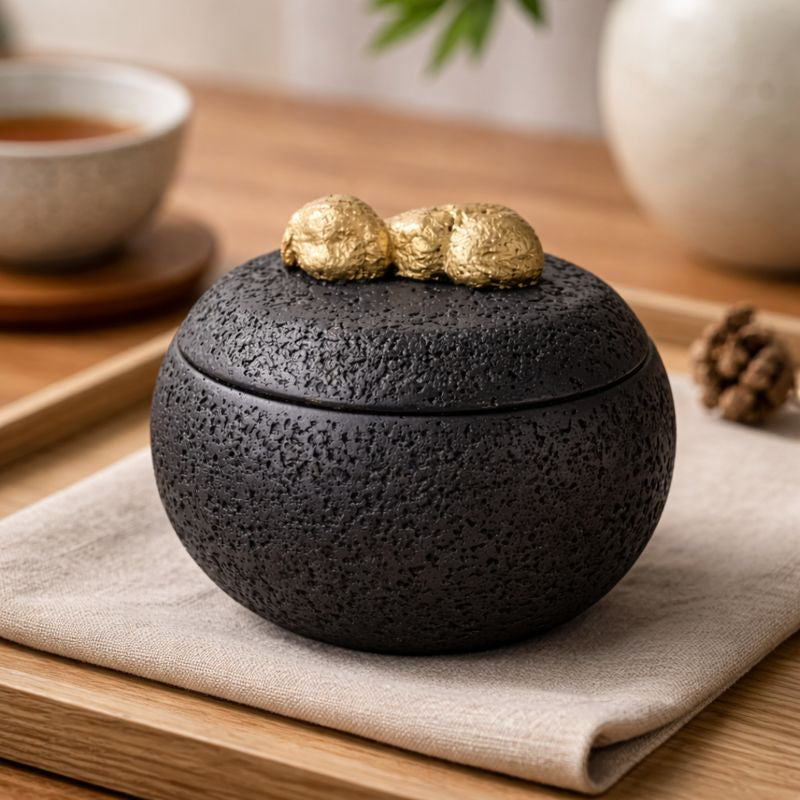 Ronde urn voor hond van zwart keramiek met decoratieve gouden hondje