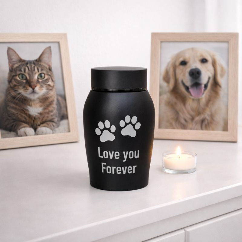 Sfeerfoto van zwarte huisdier urn op licht houten dressoir met natuurlijke droogbloemen