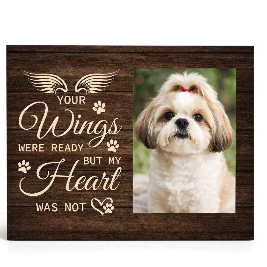 Herdenkingsfotolijst met tekst “Your wings were ready but my heart was not”. Voor een foto van je overleden huisdier – liefdevol en troostend aandenken.
