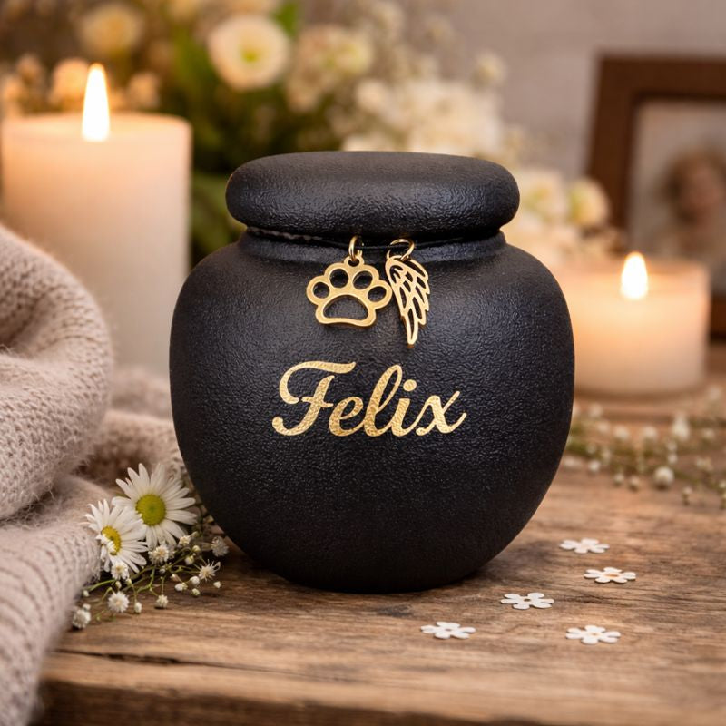 Zwarte keramische mini dierenurn met matte afwerking, ronde vorm en deksel, voorzien van gouden pootafdruk en engelenvleugel.
