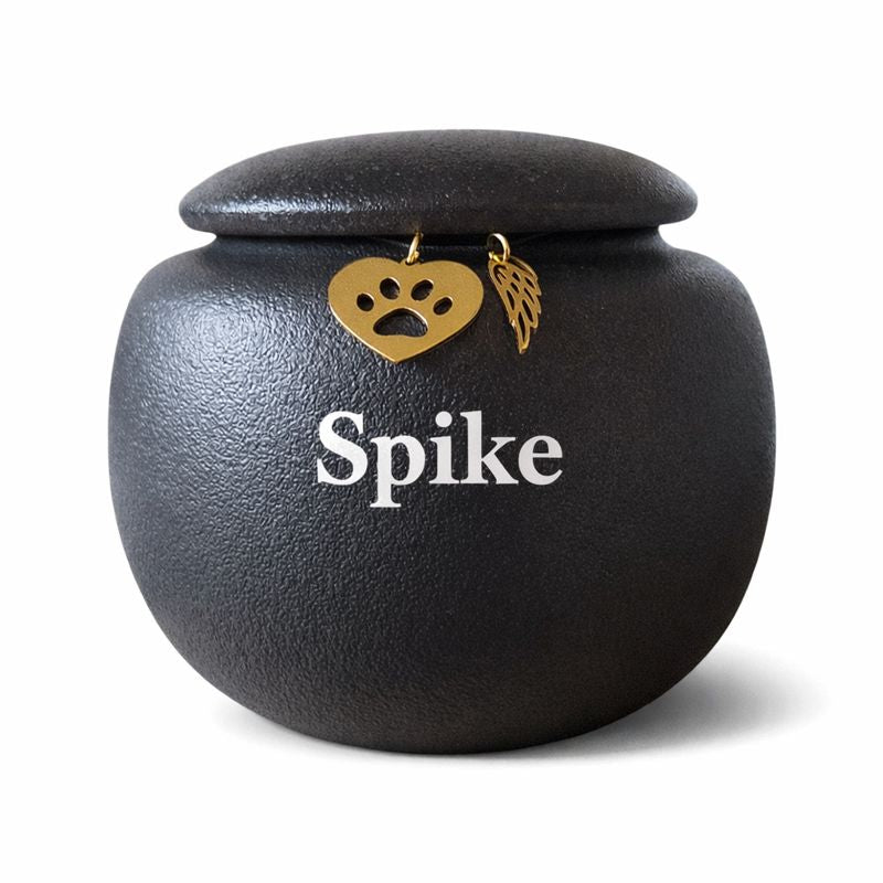 stijlvolle matzwarte urn met 2 gouden hangertjes