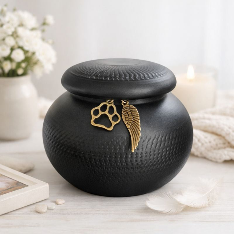 Matzwarte dierenurn met subtiele textuur en deksel met bronskleurige hangers