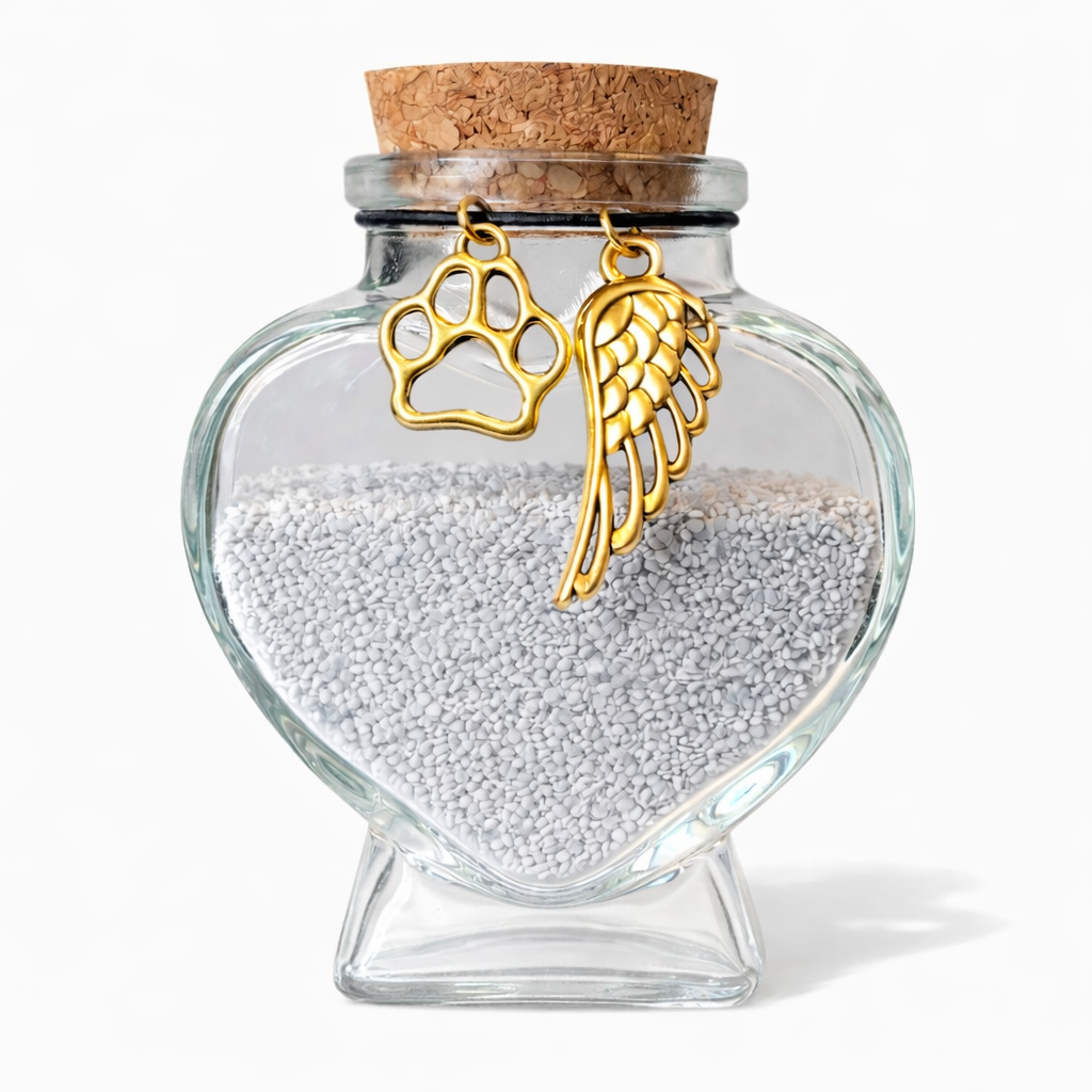 Glazen hartvormige dierenurn met goudkleurig pootje en engelvleugelhanger,