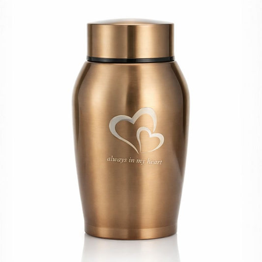 Gedenkurn voor huisdier in goudkleur met hartgravure, compacte urn voor een liefdevolle herinnering