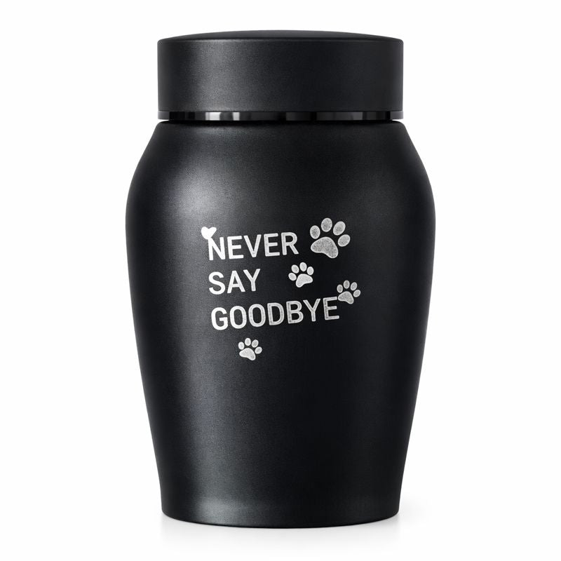 Minimalistische urn voor dierenas met witte tekst 

