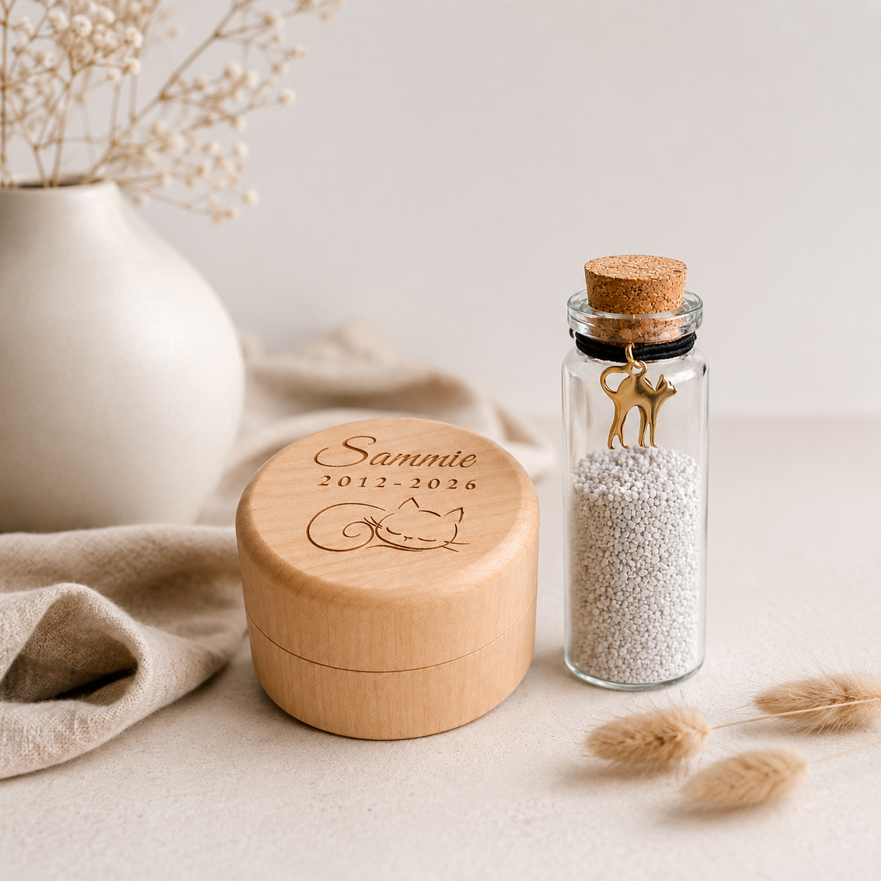 Houten herinneringsdoosje met memorial flesje – Kat - Gepersonaliseerd
