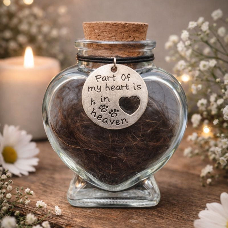 Dit herinneringsflesje biedt ruimte voor een kleine hoeveelheid as, plukje haar of een ander dierbaar aandenken