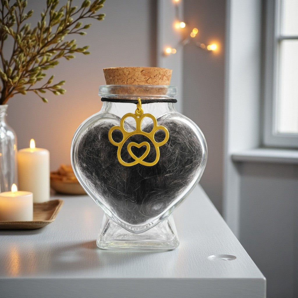 Glazen memorial flesje met pootafdruk-hanger