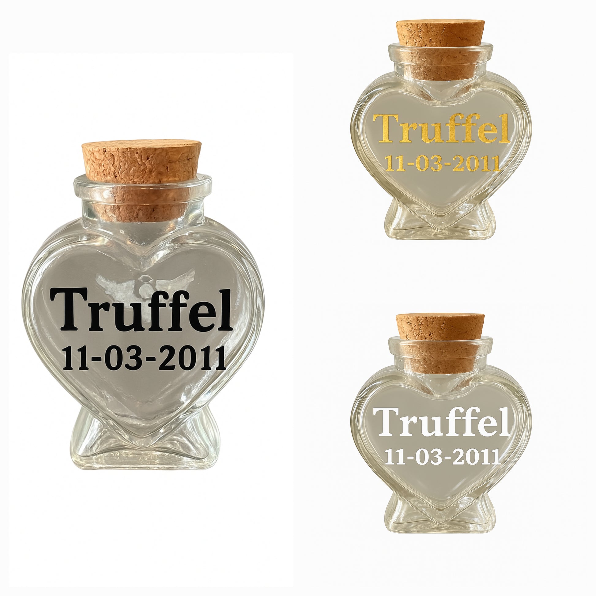 Hartvormige flesje, met een pootafdruk en een sierlijke halo, biedt een troostvolle manier om een klein beetje as of een plukje vacht van jouw hond dichtbij te bewaren.