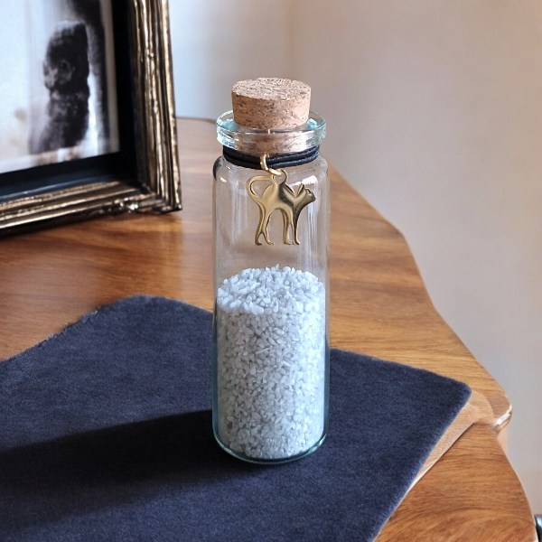 memorial fles voor kat, gedenkflacon, herinnering kat, aandenken voor kat, bewaren plukjes vacht, gedenkflesje voor kat