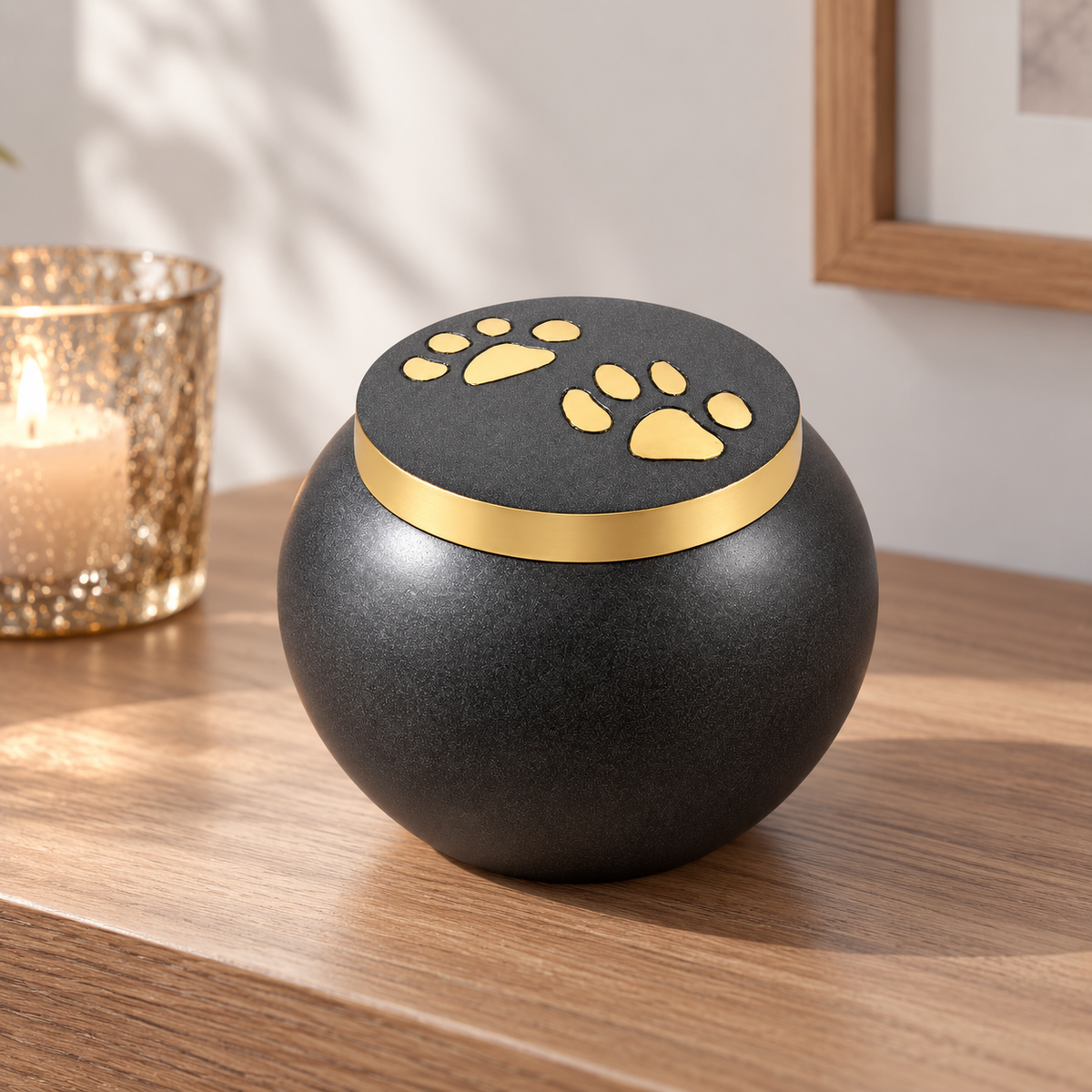 De laatste aai antracietgrijze aluminium urn met gouden pootafdrukken op het deksel voor een hond of kat.