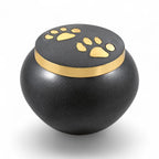 De laatste aai antracietgrijze aluminium urn met gouden pootafdrukken en glanzende gouden rand voor huisdieren.