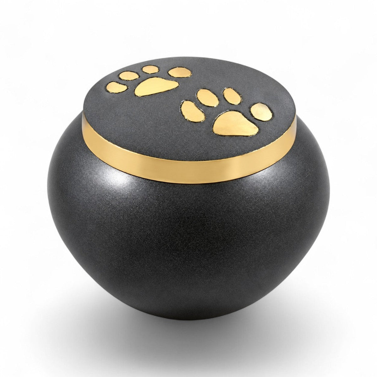 De laatste aai antracietgrijze aluminium urn met gouden pootafdrukken en glanzende gouden rand voor huisdieren.