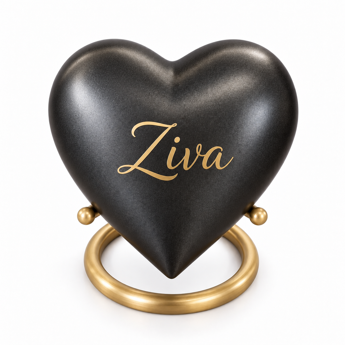 De laatste aai antraciet hartvormige mini urn van aluminium met gouden standaard en gepersonaliseerde naam Ziva