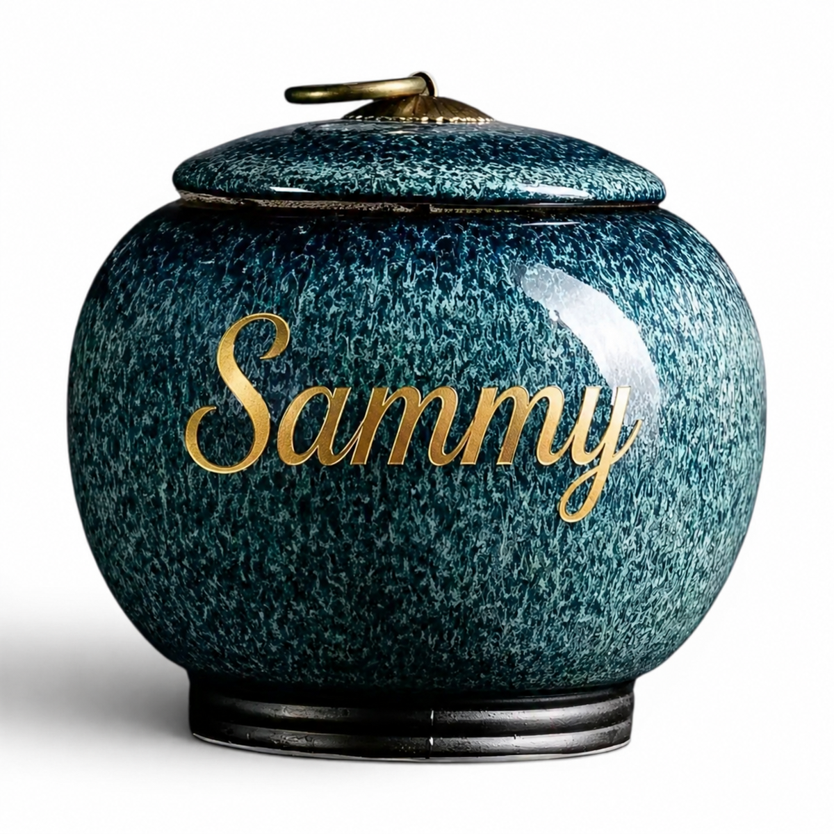 Blauwe keramische urn van De laatste aai met gespikkelde textuur en gepersonaliseerde gouden naam Sammy