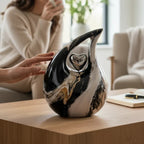 De laatste aai druppel urn met marmerlook en zilveren hart op een houten tafel in een sfeervol interieur.