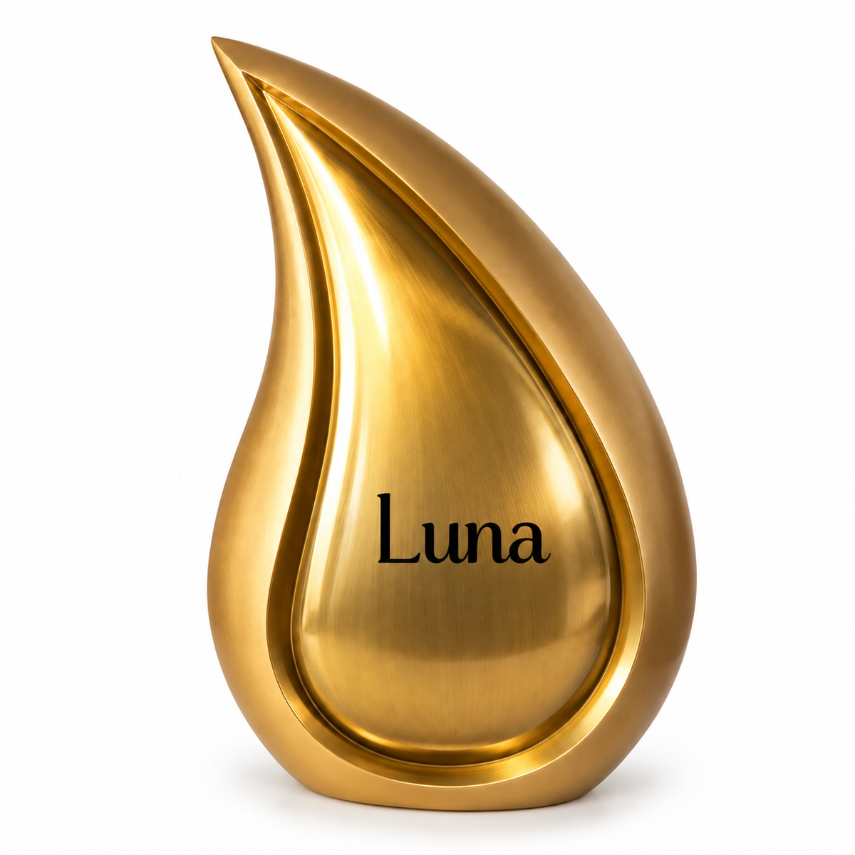 De laatste aai gouden druppel urn van geborsteld aluminium met gepersonaliseerde naam Luna voor huisdieras.