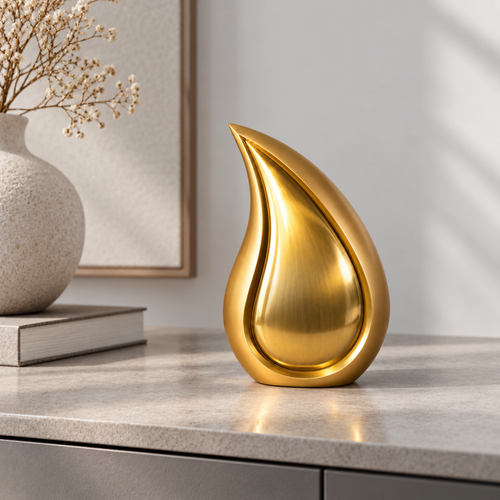 De laatste aai gouden druppel urn van geborsteld aluminium voor huisdieren, staand op een tafel als decoratie.