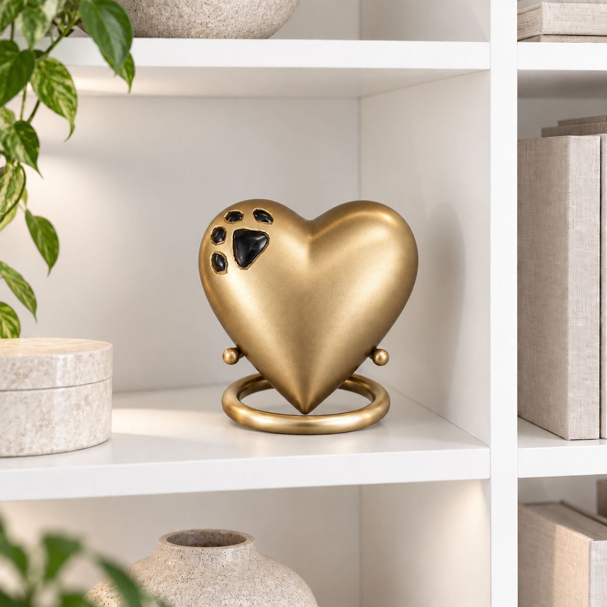 De laatste aai gouden hartvormige mini urn met zwarte pootafdruk op een standaard in een sfeervol interieur.