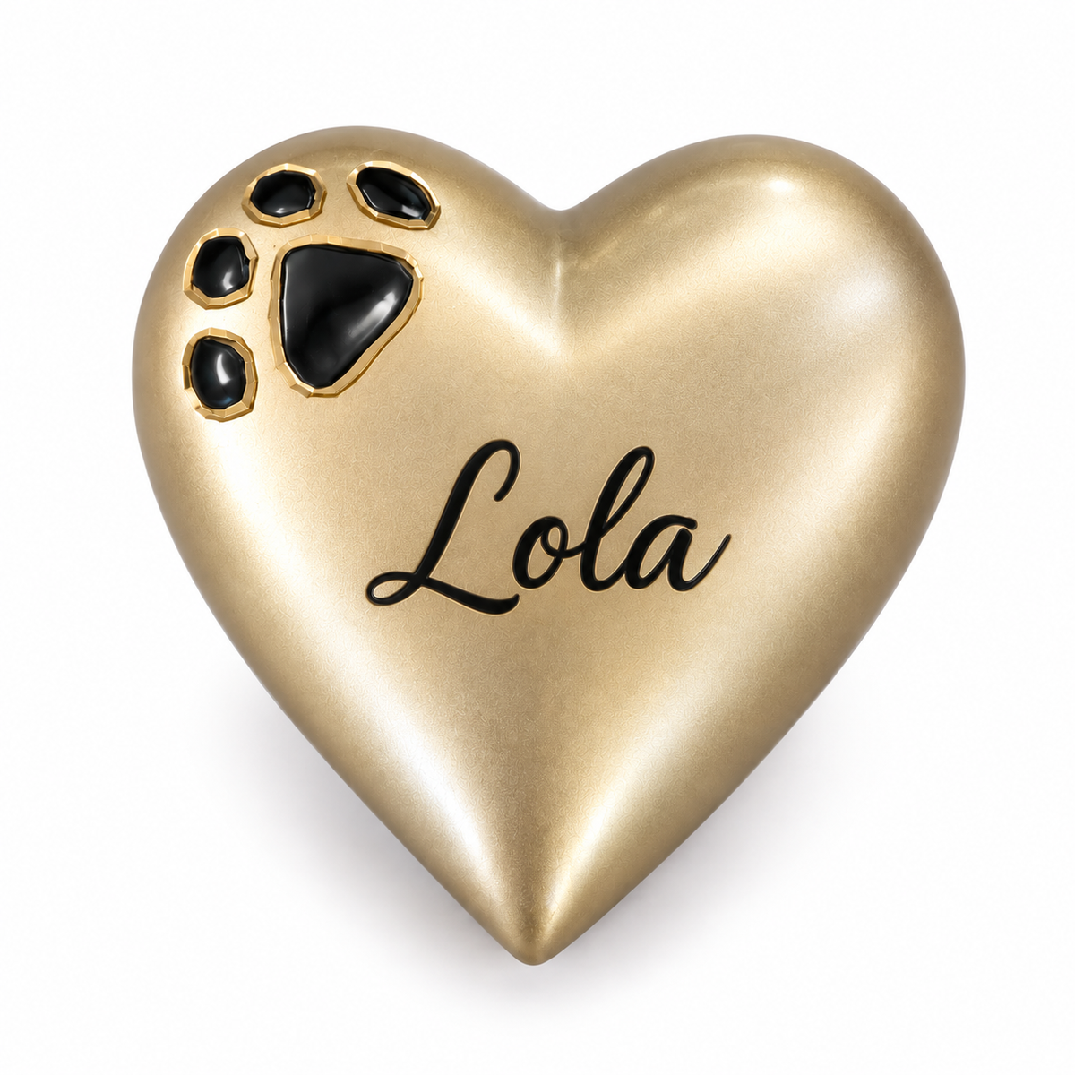 De laatste aai gouden hartvormige mini urn voor huisdieren met zwarte pootafdruk en gepersonaliseerde naam Lola.