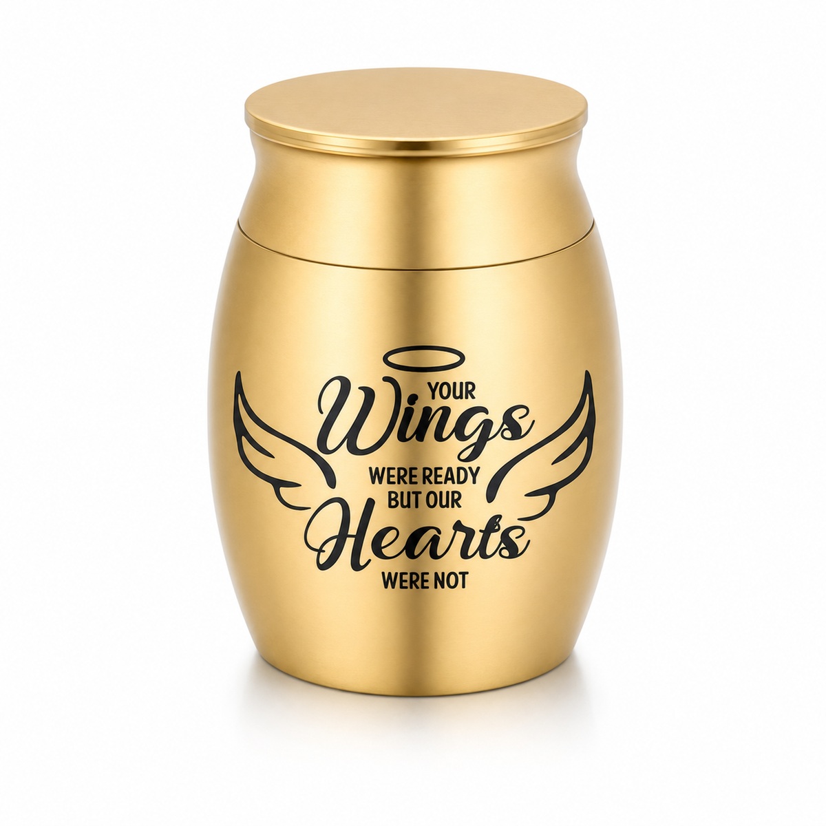 De laatste aai gouden RVS mini urn met de tekst Your wings were ready but our hearts were not voor as van huisdieren