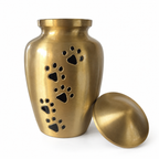 De laatste aai gouden aluminium urn met zwarte pootafdrukken voor huisdieren, 700 ml inhoud.