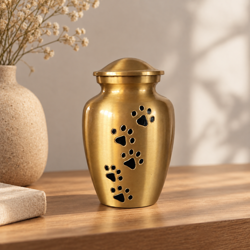De laatste aai gouden aluminium urn met zwarte pootafdrukken in een sfeervol interieur op een houten tafel.