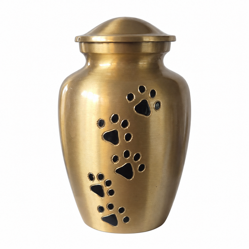 De laatste aai gouden aluminium urn met zwarte pootafdrukken in een klassieke vaasvorm voor huisdieren.