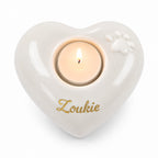 Witte hartvormige urn hond of urn kat met pootafdruk en waxinelichthouder