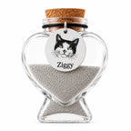De laatste aai hartvormig glazen gedenkflesje met gegraveerde RVS hanger met foto van een kat genaamd Ziggy