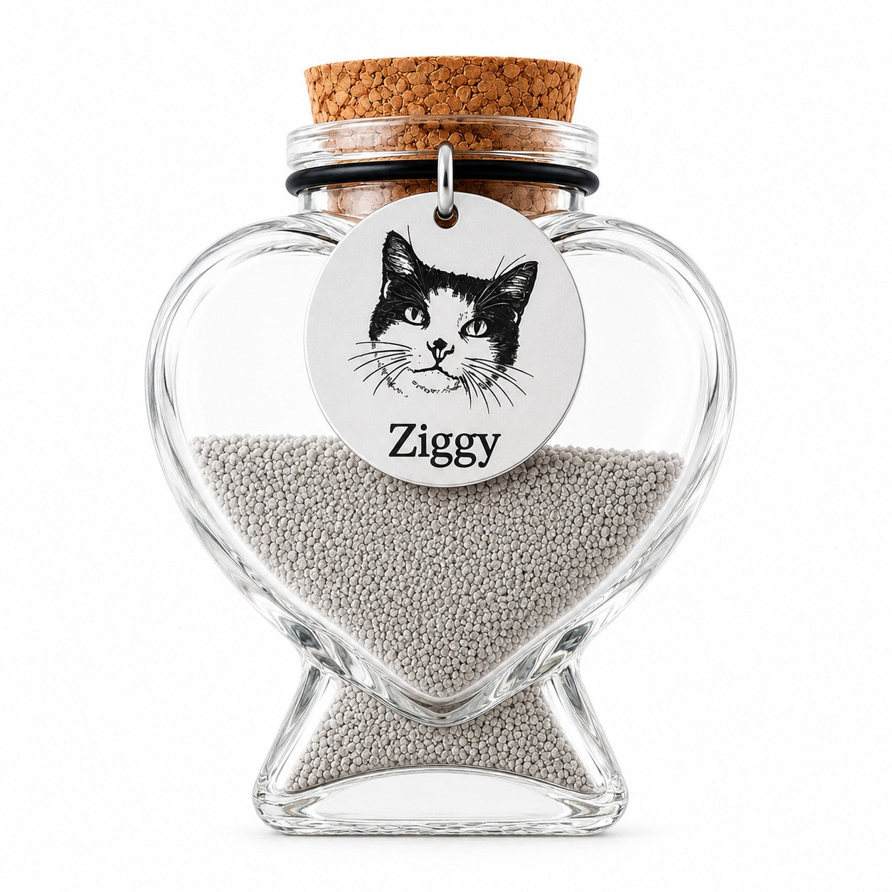 De laatste aai hartvormig glazen gedenkflesje met gegraveerde RVS hanger met foto van een kat genaamd Ziggy