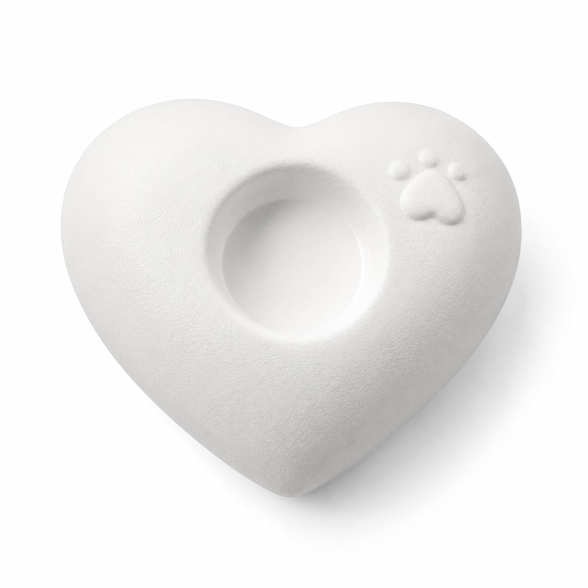 Mat witte hartvormige urn voor hond en kat met pootafdruk