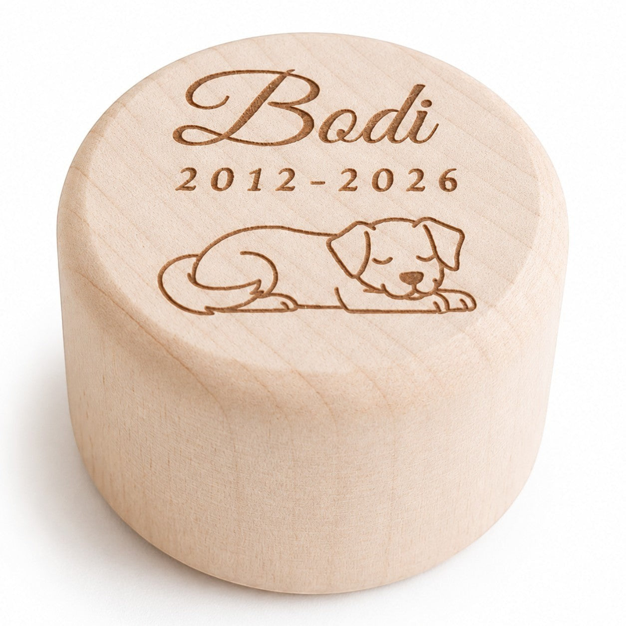 De laatste aai houten herinneringsdoosje voor hond met gravure van naam, jaartallen en slapende hond