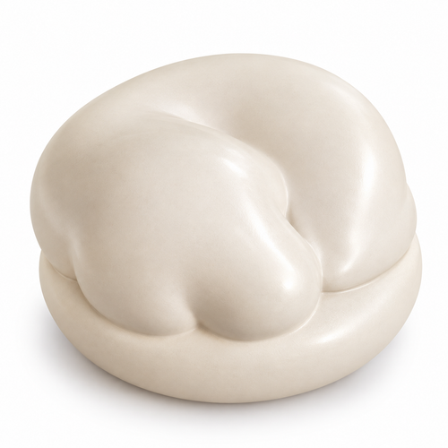 De laatste aai keramische hondenurn in crèmekleur, vormgegeven als een opgerold slapend hondje met zijdezachte glans.